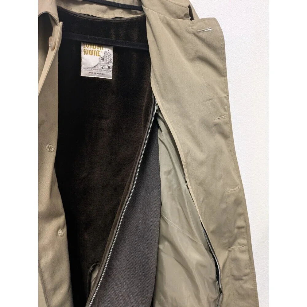 Vintage London Fog Towne Mens Tan Trench Coat Teddy Brown Faux Fur Lining sz 42R